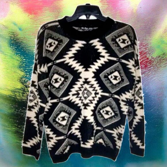 Retro Geometric Soft Tan & Black Sz MED Vintage Pullover Light Sweater The Rage - Picture 10 of 11